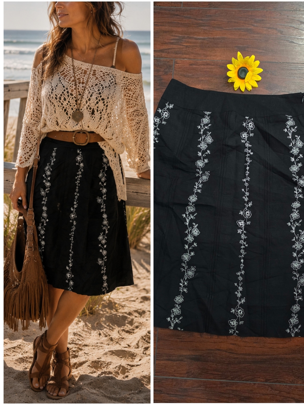 LOFT Black Embroidered A-Line Linen Skirt - Floral Stripe